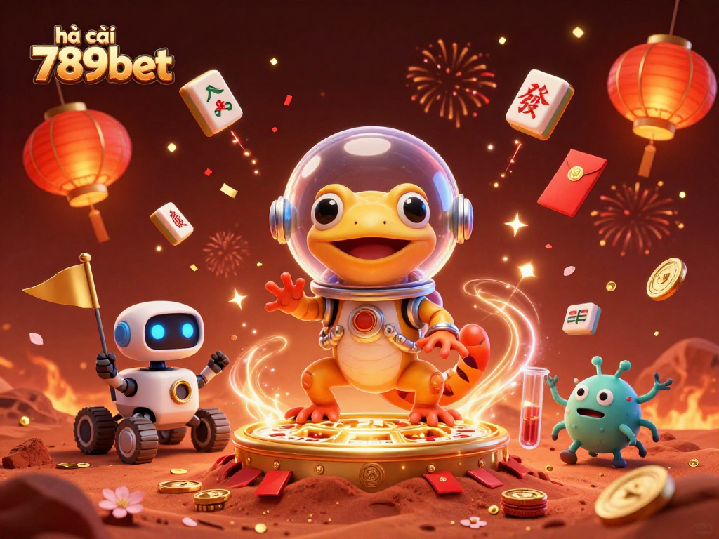 The Martian gecko explores the golden casino of hà cái 789bet amidst dynamic fireworks and festive elements, creating an exciting gaming atmosphere.