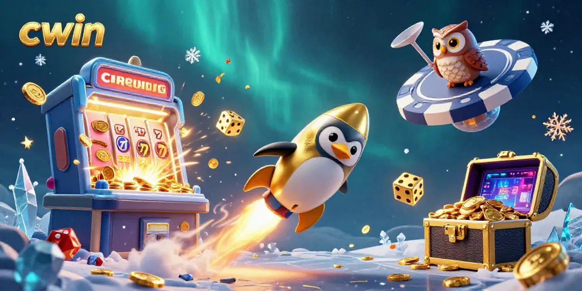 Experience thrilling gameplay with cwin's dynamic cartoon illustration filled with slots, golden coins, and a lively casino atmosphere.