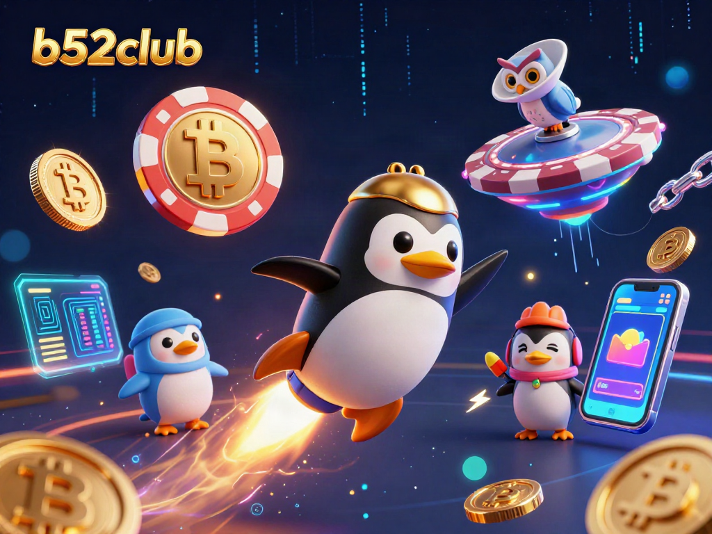 Experience thrilling wins with b52club as a golden penguin navigates a neon casino space landscape.