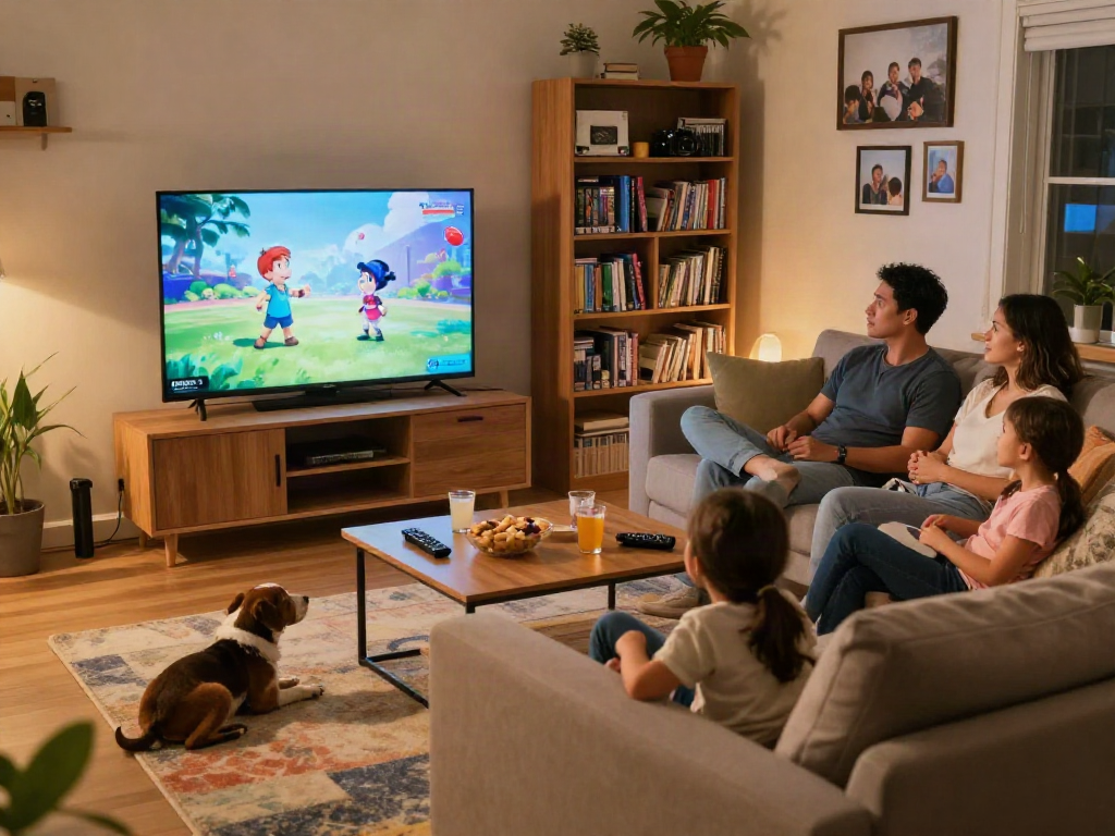 Toute la famille se divertit en regardant Iron TV dans un salon accueillant et moderne.