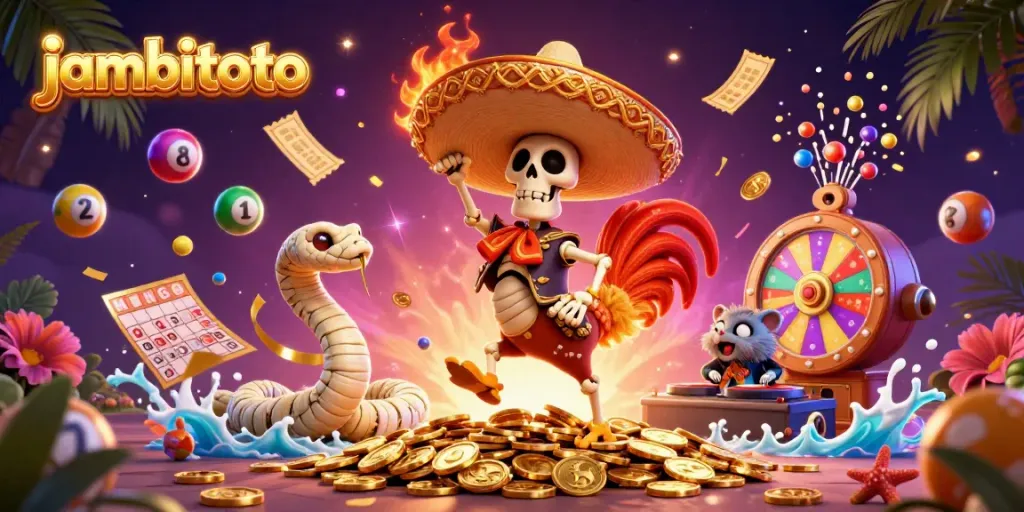 Experience a thrilling jambitoto event with colorful lottery elements and engaging characters celebrating wins.