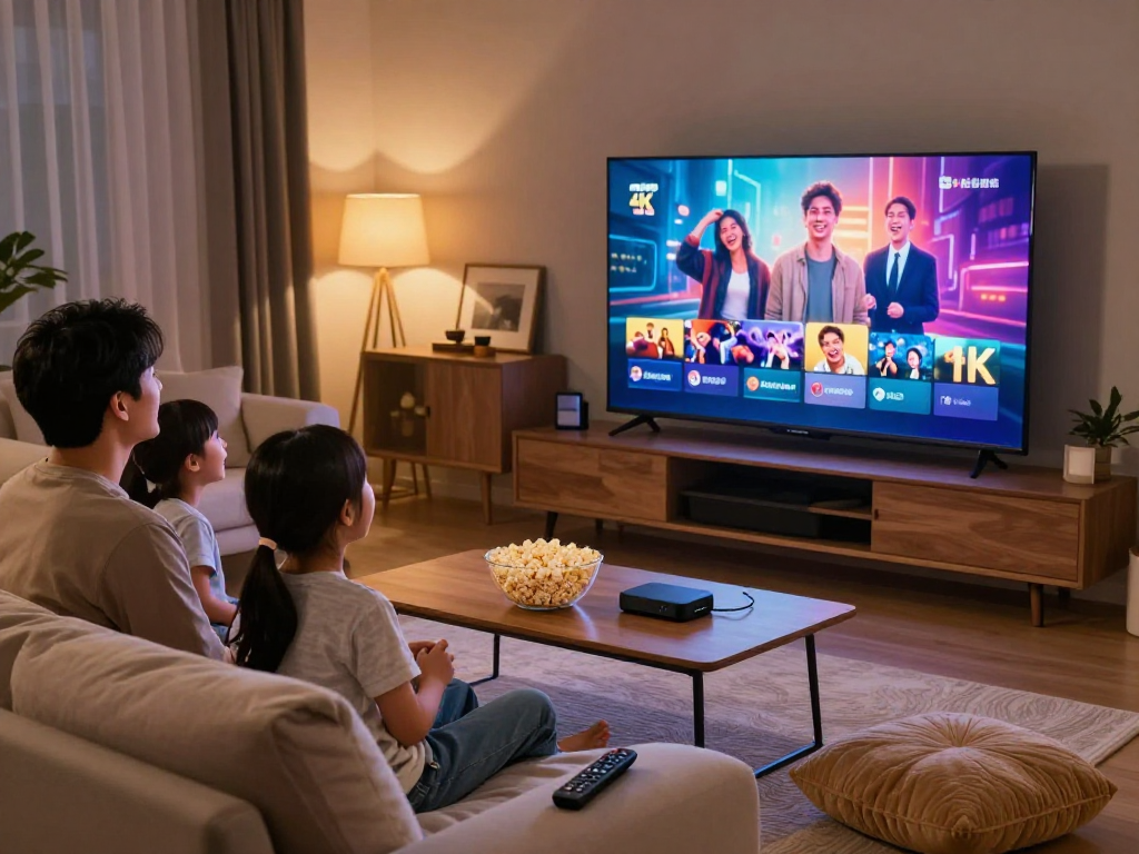 Profitez d'une soirée cinéma en famille avec Iron tv en 4K dans un salon chaleureux.