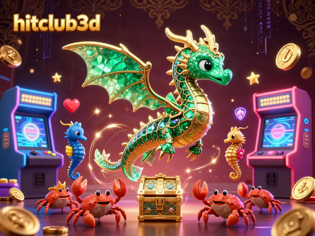 Join the excitement at hitclub3d with an emerald sea dragon and vibrant game elements!