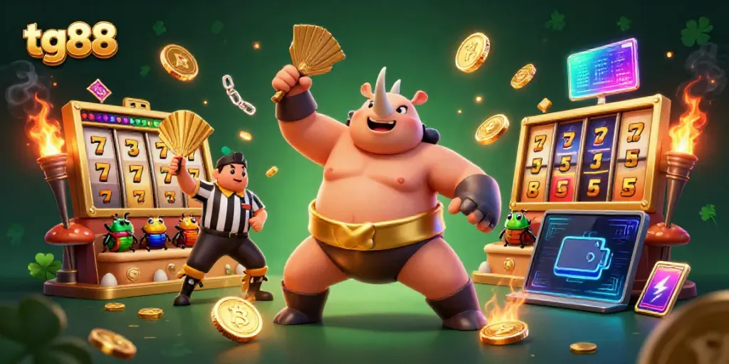 Engage in thrilling gameplay with tg88's dynamic environment featuring a sumo beetle champion and flying gold coins.